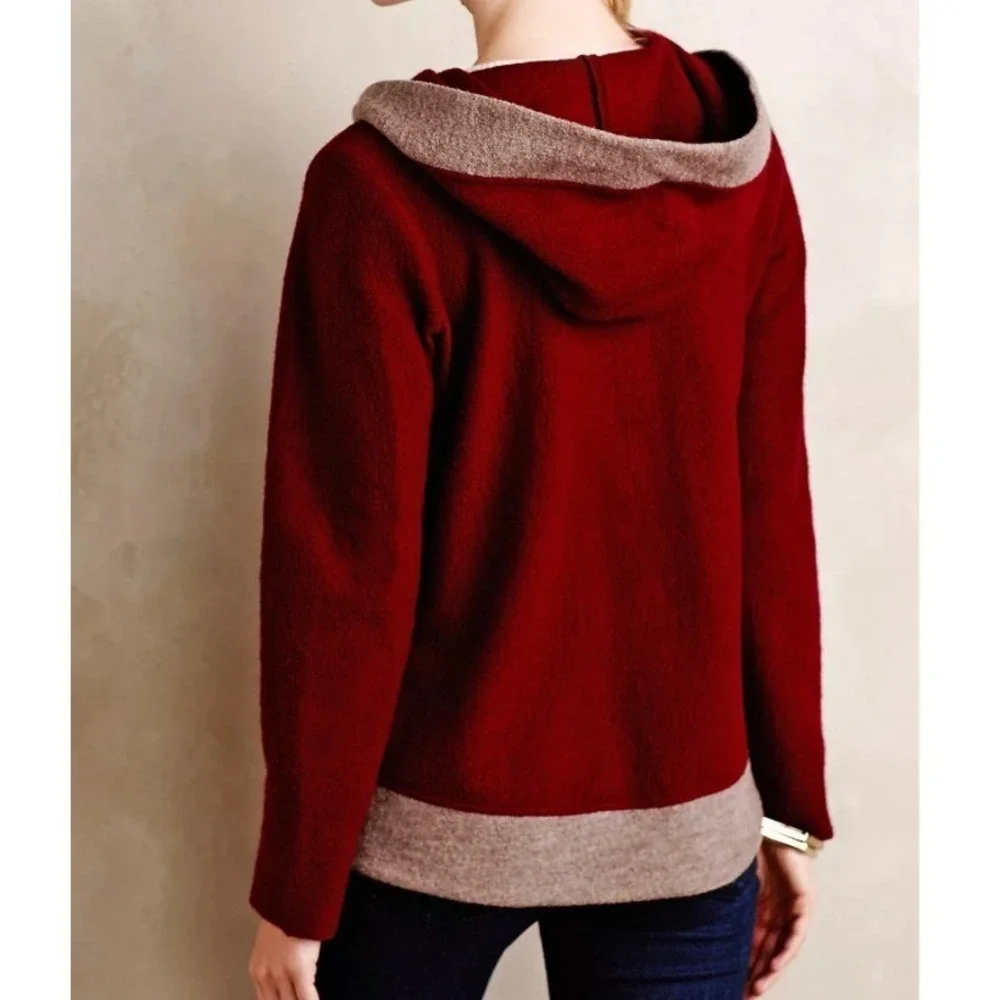 Anthropologie Colorblock‎ Wool Jacket XS Red Hooded Wrap Cardigan Coat